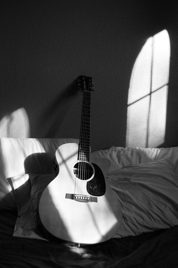 Artistic black and white photo of an acoustic guitar with dramatic shadows.